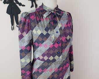 Vintage 1970's Geometric Print Dress / 80s Square Print Day Dress S