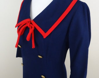 Vintage 1960's Wool Wiggle Dress / 60s Sailor Day Dress M/L