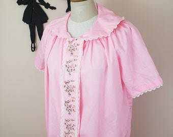 Vintage 1950's Pink Robe / 60s Embroidered  Loungewear House Coat XL