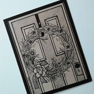 Cartão de aquecimento de casa primitiva, ilustrações de cartões de caneta e tinta, guirlandas country, cartões comemorativos, suprimentos de papel, arte de doodle, portas primitivas