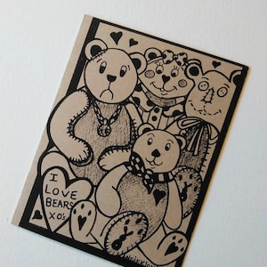 Tarjeta de amistad primitiva, regalo de oso campestre casero, papelería de pluma y tinta, papel Kraft reciclado 100% ecológico, aspecto vintage