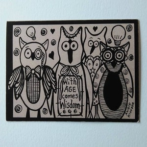 Karty z prymitywnymi sowami, Oryginalna sztuka ilustracyjna, Domowa kartka, Urocze domowe sowy, Vintage, Zentangle, Sztuka piękna, Inspirująca kartka