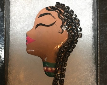 Bling Cornrows Girl Lady Head Vintage Porcelain Brooch/ Pin By Kchawn