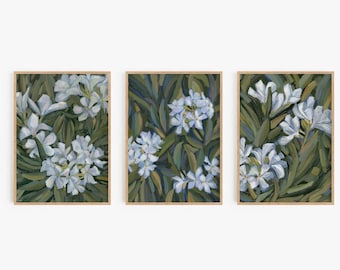 Green & White Floral Wall Art Set of 3 Canvas Prints