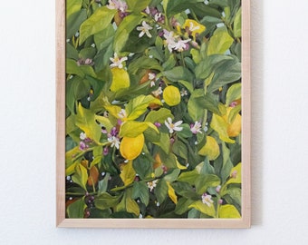 Impresión de arte de limones de Sonoma sobre lienzo / Impresión de arte floral colorido amarillo, verde y púrpura