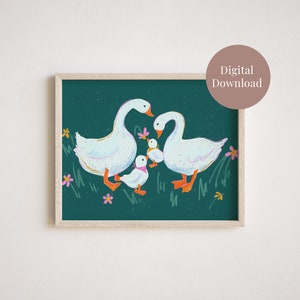 Silly Goose Floral Art Print | Green Baby Nursery Art | Family of 4 Digital Download