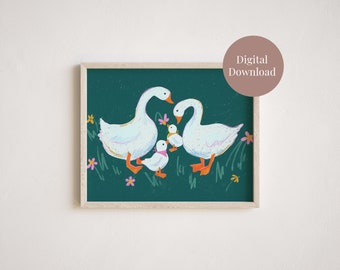 Silly Goose Floral Art Print | Green Baby Nursery Art | Family of 4 Digital Download