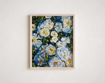 En el sol del desierto / Impresión de arte floral azul sobre lienzo / Reproducción de pintura al óleo de jardín de rosas blancas