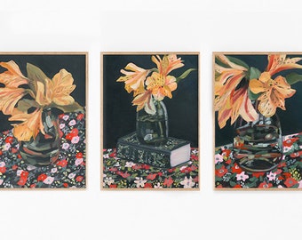 Trío de septiembre / Estampados florales de lienzo, Estampado floral de naturaleza muerta, Pintura al óleo