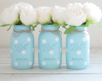 Baby Shower Decorations - Polka Dot Mason Jars - Light Blue Mason Jars - Mason Jar Centerpieces - Blue Mason Jars - Baby Shower Decor