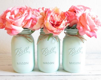 Mint Green Mason Jars - Mason Jar Set - Shabby Chic Decor - Mint Vase - Mint Green Wedding Decor - Bridal Shower Centerpieces