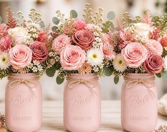 Pink Mason Jar Centerpiece – Rustic Shabby Chic Decor – Party, Baby Shower, Bridal Shower Favor