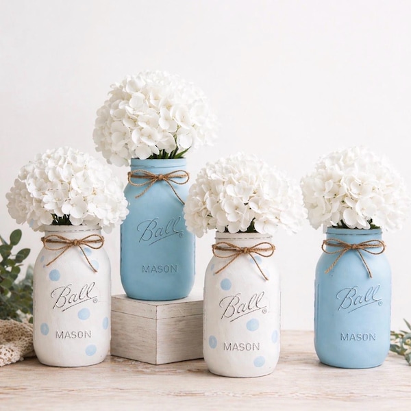 Hand Painted Polka Dot Mason Jars, Baby Shower Centerpieces