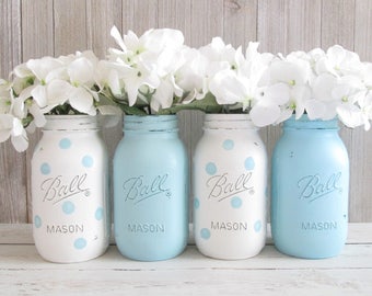 Baby Shower Decorations - Polka Dot Mason Jar - Boy Baby Shower - Rustic Baby Shower Decor - Baby Shower Decor - Baby Shower Centerpiece Boy