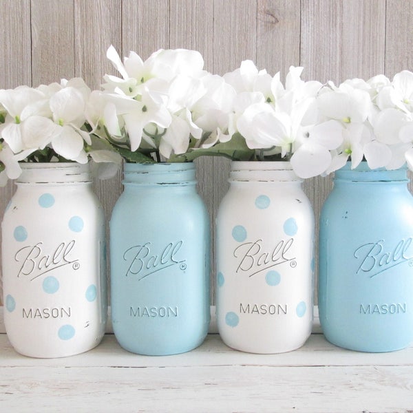 Baby Shower Decorations - Polka Dot Mason Jar - Boy Baby Shower - Rustic Baby Shower Decor - Baby Shower Decor - Baby Shower Centerpiece Boy