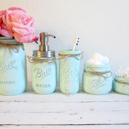 Mint Mason Jar Bathroom Setbathroom Decorhousewarming Etsy