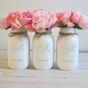 Painted Mason Jars - Mason Jar Centerpieces - White Event Vases