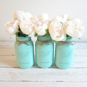 Mason Jar Centerpieces - Mint Blue Painted Mason Jars - Mason Jar Decor - Mint Blue Decor