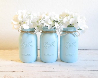 Baby Shower Decorations - Light Blue Mason Jars - Painted Mason Jars - Rustic Baby Shower Decor - Decor - Shabby Chic Blue Vase