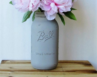 Large Light Grey Mason Jar /  Half Gallon Mason Jar / Grey Flower Vase / Rustic Centerpiece