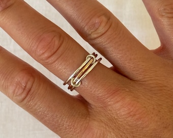 Silver Mixed Metal Triumph Ring | Sterling Silver + 14K Gold Interlocking Three Band Ring | Triple Band, Fine Jewelry, Engagement Ring