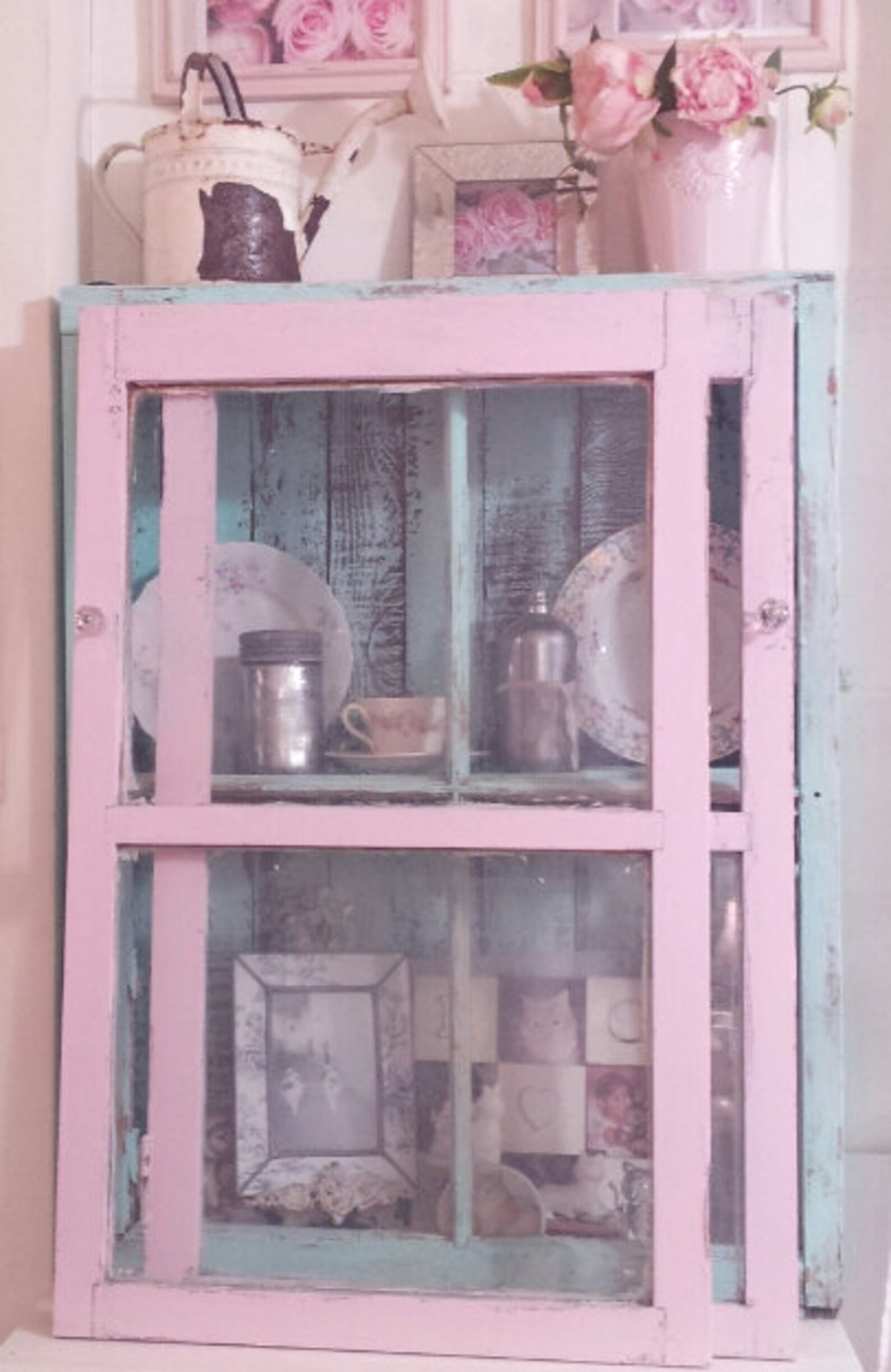 Pair of Very Old Shabby Chic Pink Chippy Painted Farmhouse Cupboard or ...
