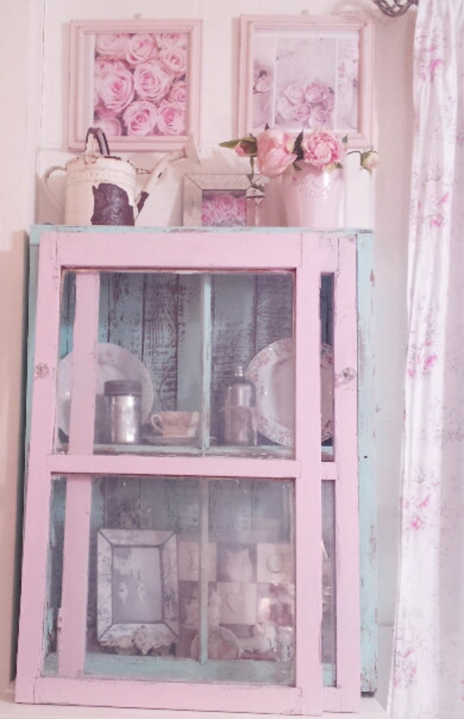 Pair of Very Old Shabby Chic Pink Chippy Painted Farmhouse Cupboard or ...