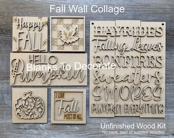 May include: Unfinished wooden fall-themed wall collage kit. Includes laser-cut words and shapes like "Happy Fall", "Hello Pumpkin", and "I Love Fall Most of All". The kit also features fall-related words like "Hayrides" and "Bonfires".