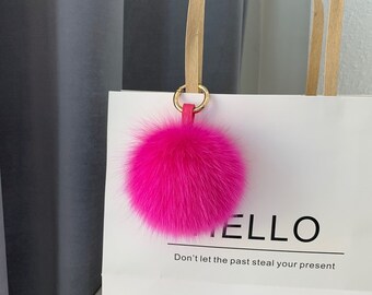 Large Fluffy Puffs Ball Tote handbag Charm Pompom Keychain Fur Keychain Furry Key chains POMS Purse Charm Rose Pink Plush Fuzzy Furry Art