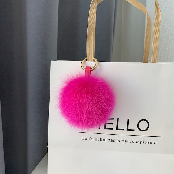 Large Fluffy Puffs Ball Tote handbag Charm Pompom Keychain Fur Keychain Furry Key chains POMS Purse Charm Rose Pink Plush Fuzzy Furry Art