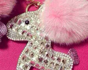 Rhinestone Little Horse charm with baby pink pom pom, sparkly keychain fur bag charm, cute key chain