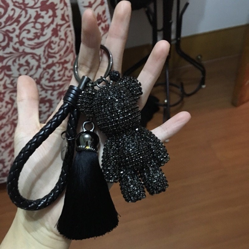 Bear Keychains Cute Keyrings Tassel Rope Braided Leather Keychains Purse Charm Teddy Bear blinged out Rhinestone Cute Handbag charms
