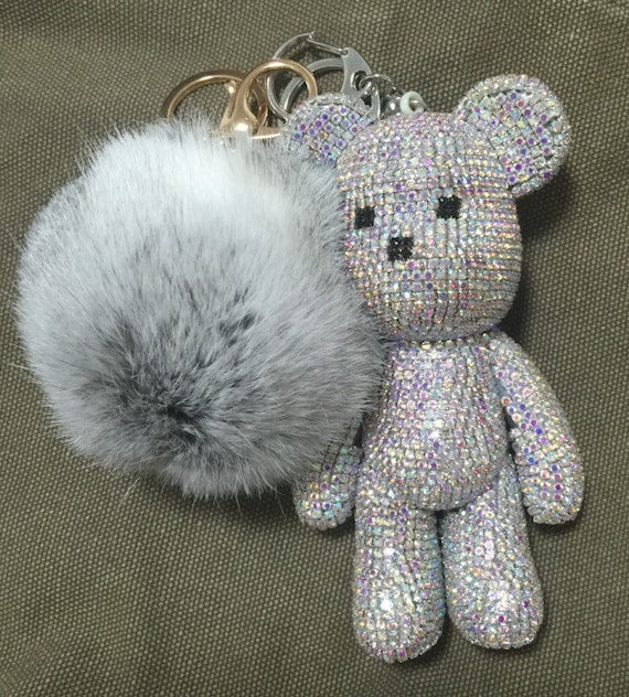 Bling Rhinestone Polar Bear with Scarf Puffy Tassel Key Chain Purse Charm