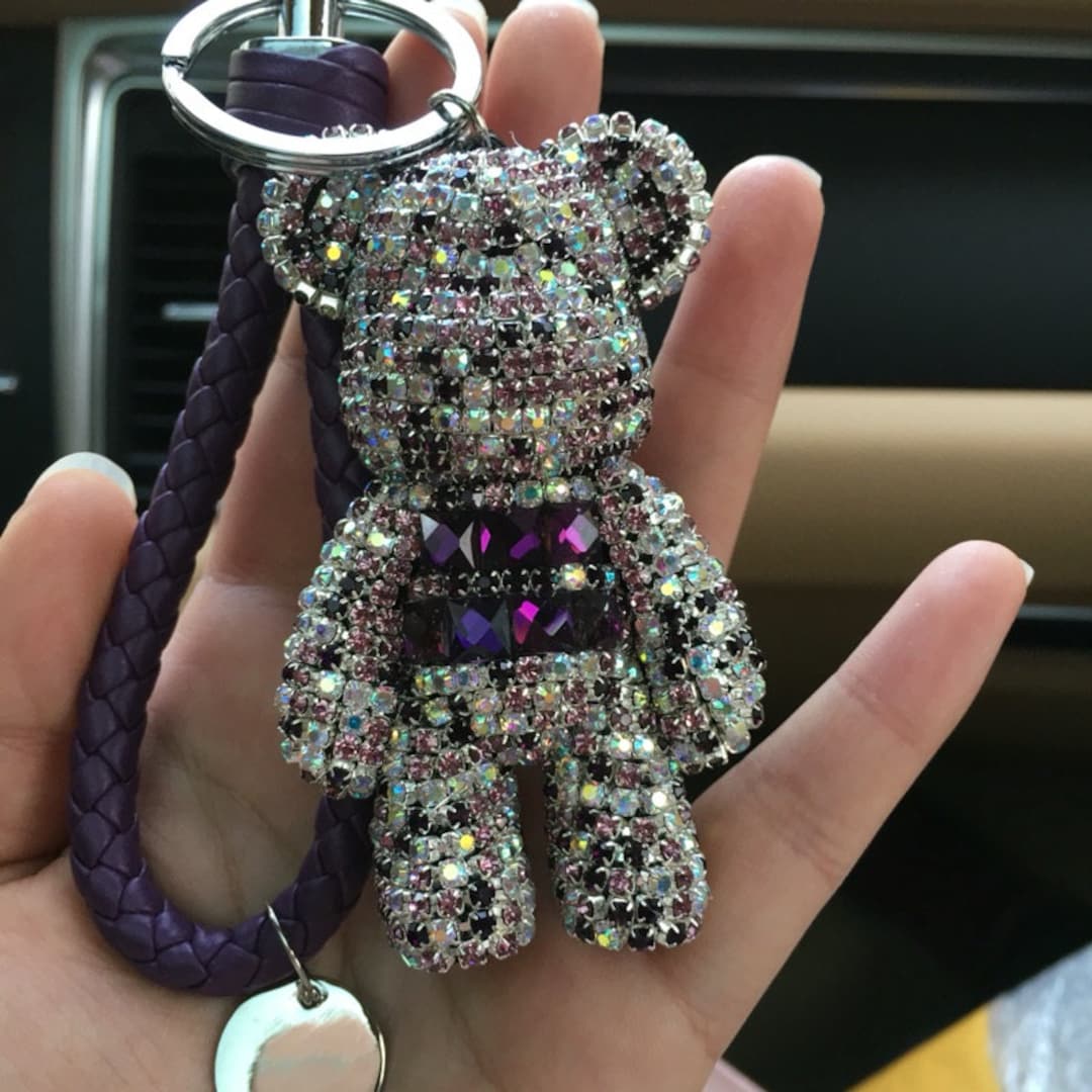 Cute Car Accessories Bear Keychain Purple Rhinestone Bear Bag