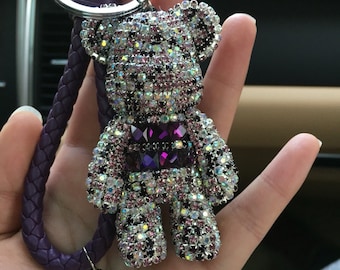 Cute Car Accessories bear Keychain purple rhinestone Bear Bag Charm Key chains Bling Teddy Bear Key ring Handbag charms leather rope lanyard