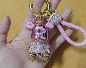 Sparkly Bear Keychain with Leather Rope Lanyard Baby Pink/ Teal Blue Diamond