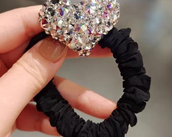Glitter Sparkling Rope Ponytail Sparkly Hair Accessories Clear Luxury Crystal Stones Heart Love Black Silk Hair Scrunchies