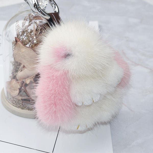 mini bunny pendants key chains poms mink fluffy bunny mini dolls keyring cute women car keys ring baby pink&white puffs plush bag charm