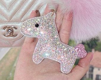 Bling horse pony bag charm with fluffy fur pompoms swarovski AB crystal cute key chains custom unique keyring sparkly&shiny