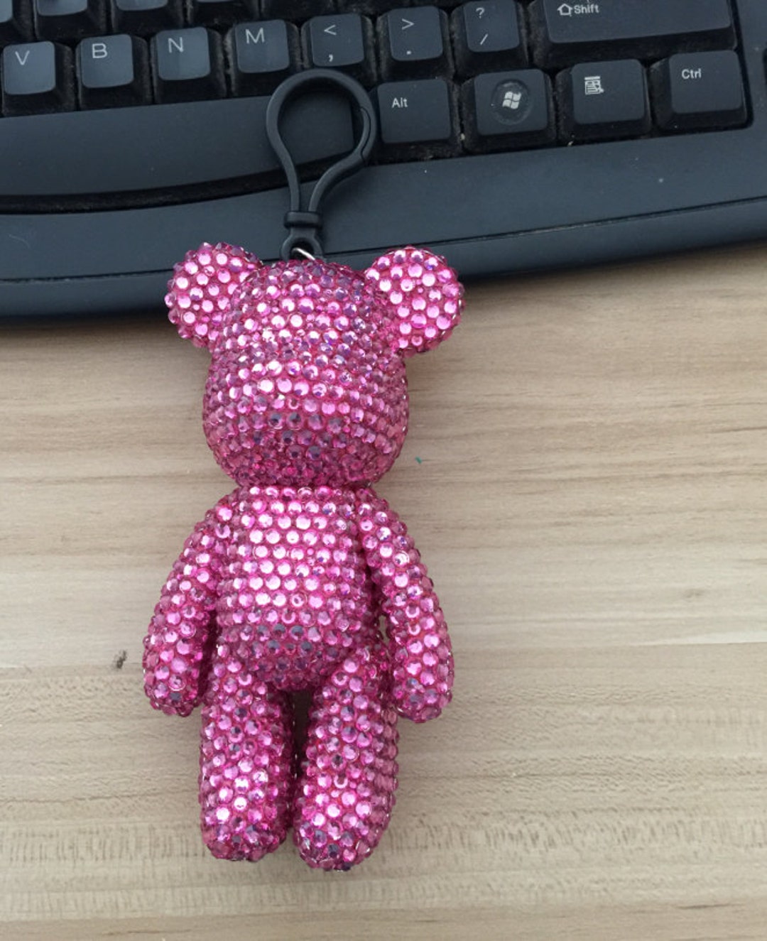 Teddy Bear Keychain Sparkle Black Rhinestones With Strap 3 D Charm Gift Clip