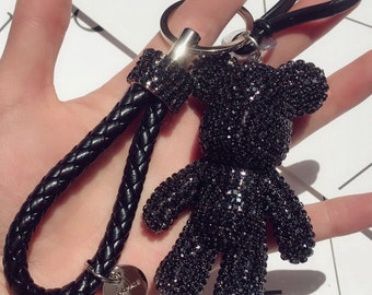 zwarte bling bling beer autosleutels ring schattige chique vrouwen auto accessoires handgemaakte bling strass teddybeer lederen touw zwart