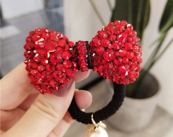 Glitter Haar Touw Chique Rode Diamant Stenen Sparkle Haar Accessoires Robijn Rood Kristal Lint Dames/Meisjes Haar Boog
