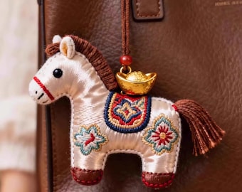 Guardian Horse Embroidery Amulet 2026 Chinese Zodiac Ornament, Handmade Song Brocade Lucky Charm, New Year Gift Bag Charm Keychain Car Charm