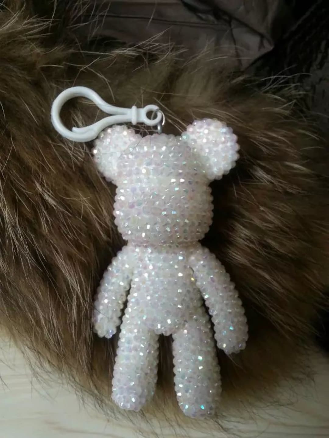 White Rhinestone Crystal Bear Charm Keychain, Rhinestone