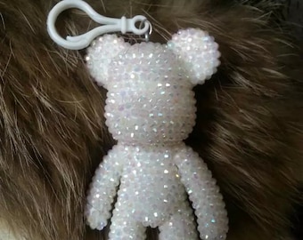 White Rhinestone Crystal Bear Charm Keychain, Rhinestone Bling Teddy Bear Key ring, Handbag charms, purse bag charms
