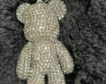 Bear Keychain, Custom Bear Bag Charm Keychain, Sliver Rhinestone Bling Teddy Bear Key ring, Handbag charms, purse bag charms