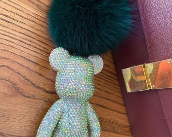 AB color Rhinestone Teddy Bear Keychain with emerald pompom bling keychains fur key chains Pom Pom fur ball fur keychains cute bag charm