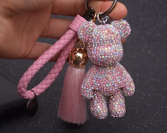 Pink Teddy Bear Pink Leather Tassel Shine Sparkly Crystal Purse Decoration Keychains Women Car Accessories Keyrings