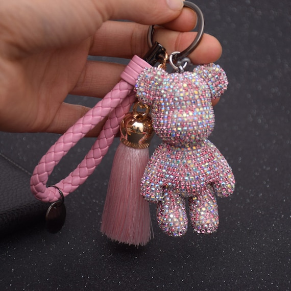 Pink Crystal Bear Key Chains Cute Keyrings Tassel Pink Rope Braided Leather  Keychains Purse Charm Glitter Sparkle Teddy Bear Car Keys Ring 