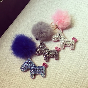 little horse keychain cute fluffy pom pom pretty sparkly handbag charm fur bag charm, cute key chains